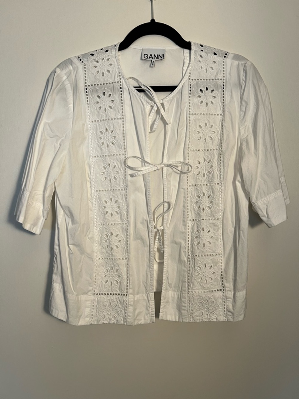 Ganni White Eyelet Tie-Front Cotton Blouse